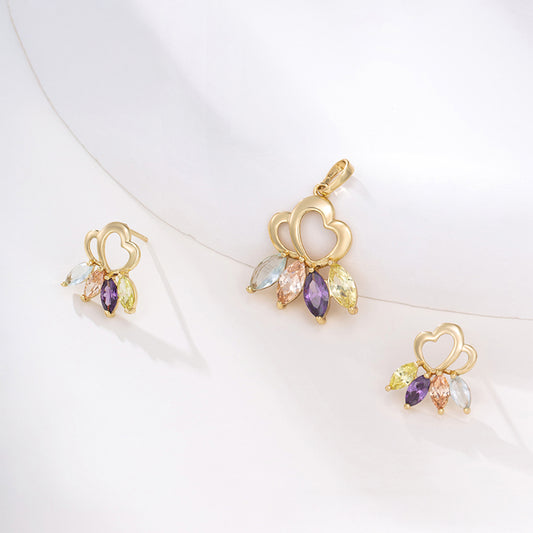 Conjunto de Liga de Ouro com Cristal Emporia® Roxo e Cristal Emporia® Branco ( Brincos+Pendente )