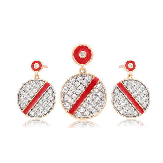 Conjunto de Liga de Ouro com Cristal Emporia® Vermelho e Cristal Emporia® Branco ( Brincos+Pendente )