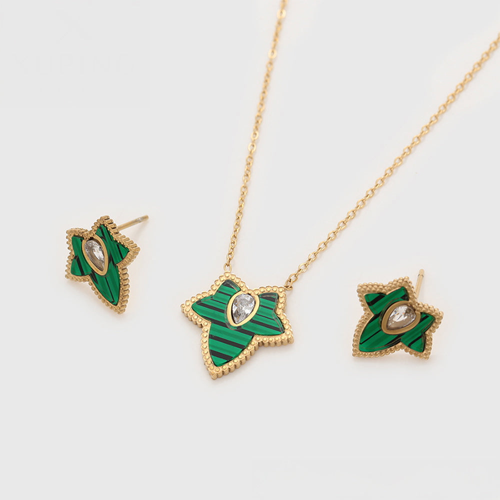 Conjunto de Liga de Ouro com Cristal Emporia® Verde e Cristal Emporia® Branco ( Colar+Brincos ) 2 