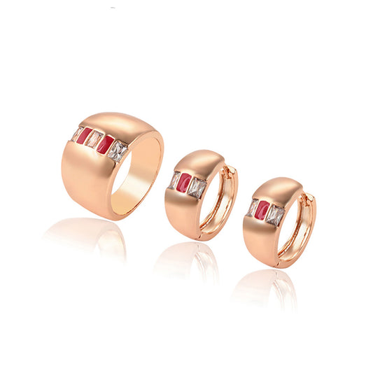 Conjunto de Liga de Ouro com Cristal Emporia® Vermelho e Cristal Emporia® Branco ( Brincos+Anel )