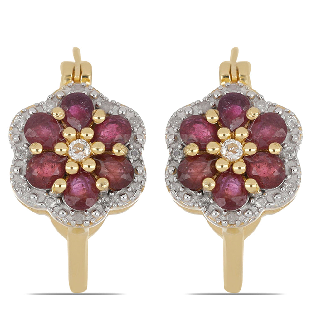 Brincos de Prata com Banho de Ouro com Rubi de Madagáscar e Topázio Branco 1 