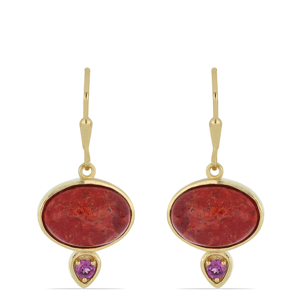 Brincos de Prata com Banho de Ouro com Coral Esponja Vermelha e Granada Rhodolite das Minas Moatize  Contraste: Cabeca de Veado (800) 1 