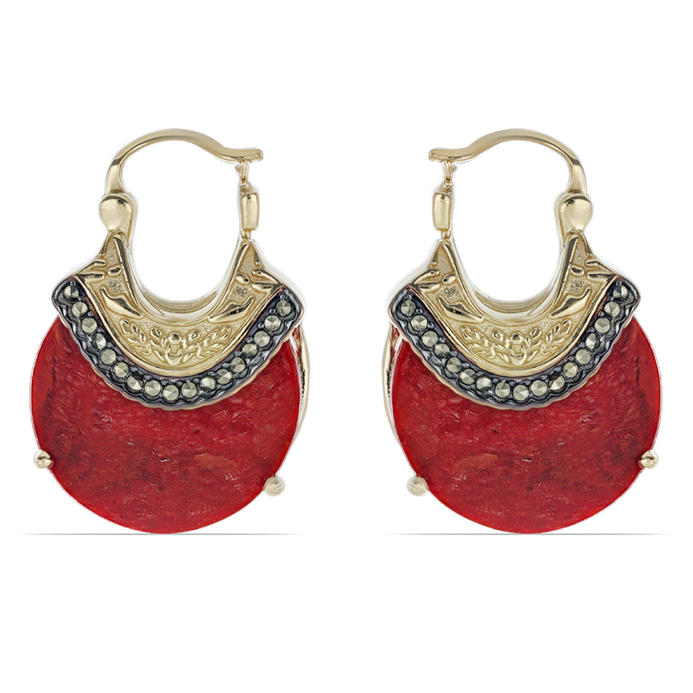 Brincos de Prata com Banho de Ouro com Coral Esponja Vermelha e Marcassite Austriaco  Contraste: Cabeca de Veado (800) 1 