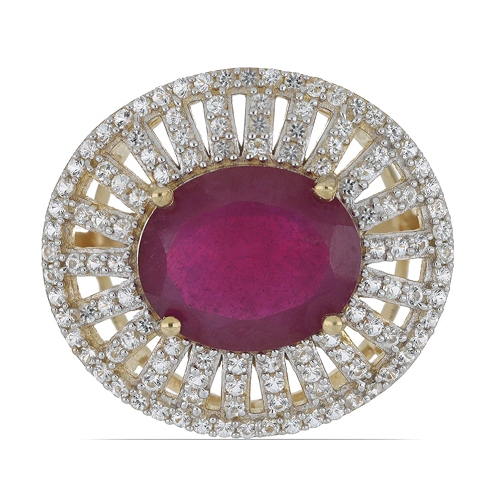 Anel de Prata com Banho de Ouro com Rubi de Madagáscar e Topázio Branco  Contraste: Cabeca de Veado (800) 1 