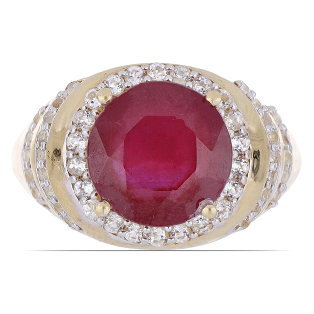 Anel de Prata com Banho de Ouro com Rubi de Madagáscar e Topázio Branco  Contraste: Cabeca de Veado (800)