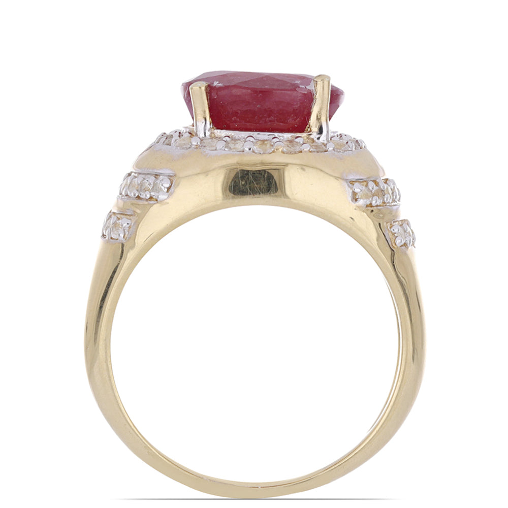 Anel de Prata com Banho de Ouro com Rubi de Madagáscar e Topázio Branco  Contraste: Cabeca de Veado (800)