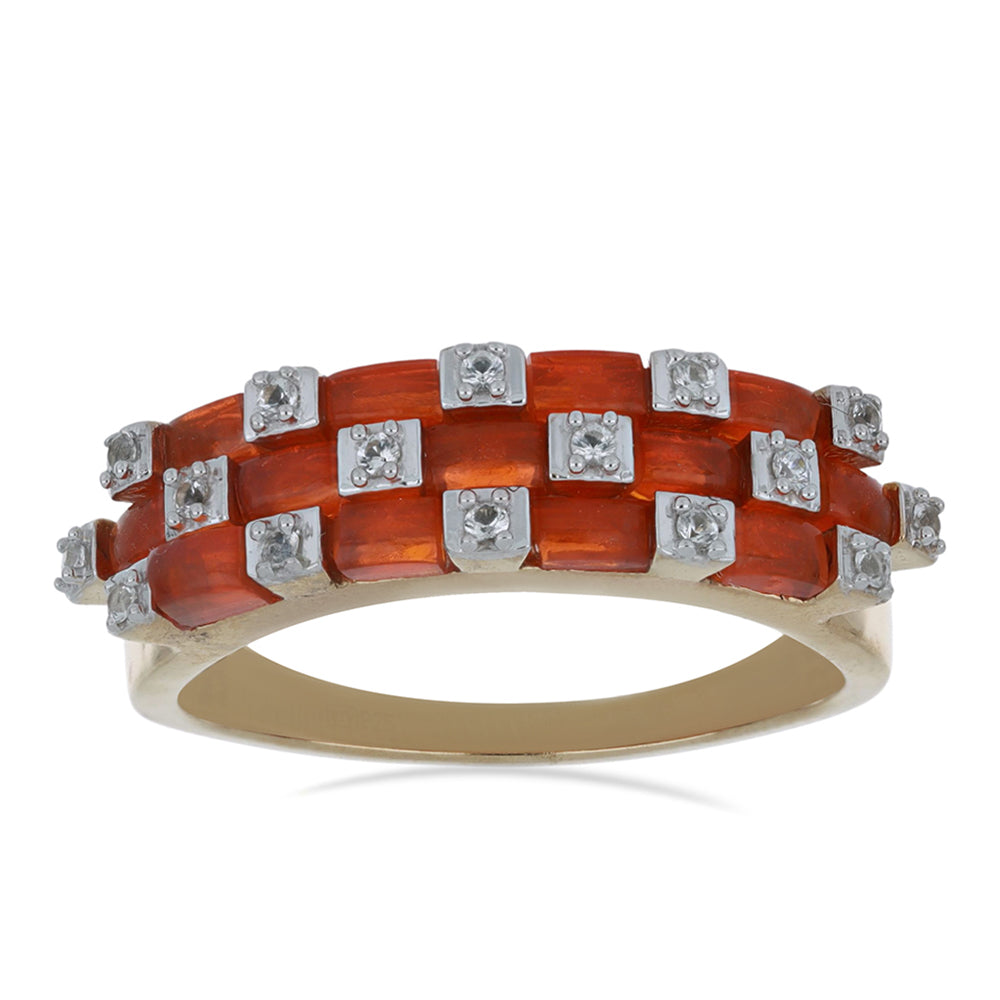 Anel de Prata com Banho de Ouro com Opala Laranja de Lega Dembi e Topázio Branco  Contraste: Cabeca de Veado (800)