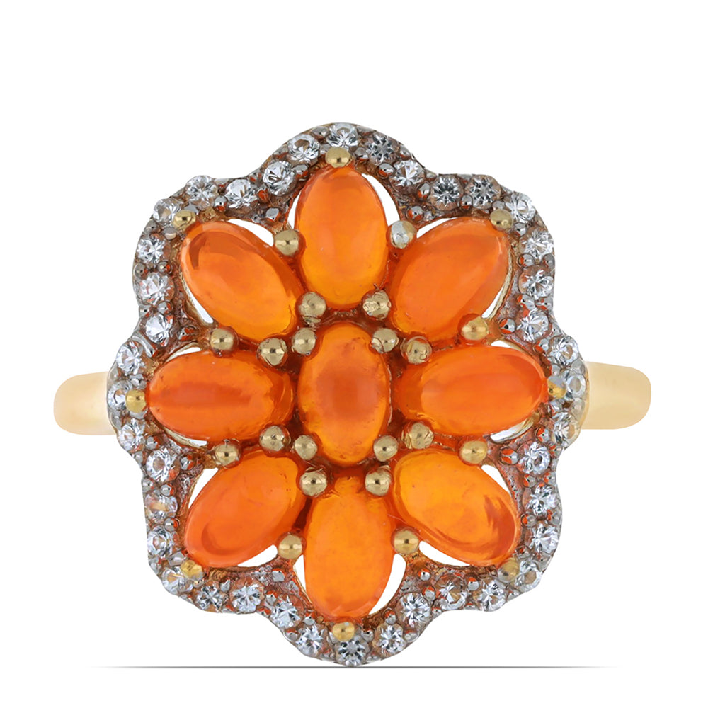 Anel de Prata com Banho de Ouro com Opala Laranja de Lega Dembi e Topázio Branco  Contraste: Cabeca de Veado (800) 1 