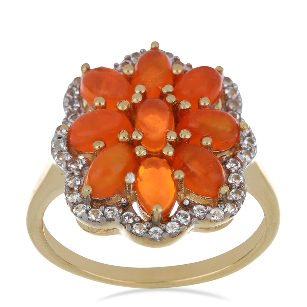 Anel de Prata com Banho de Ouro com Opala Laranja de Lega Dembi e Topázio Branco  Contraste: Cabeca de Veado (800) 2 