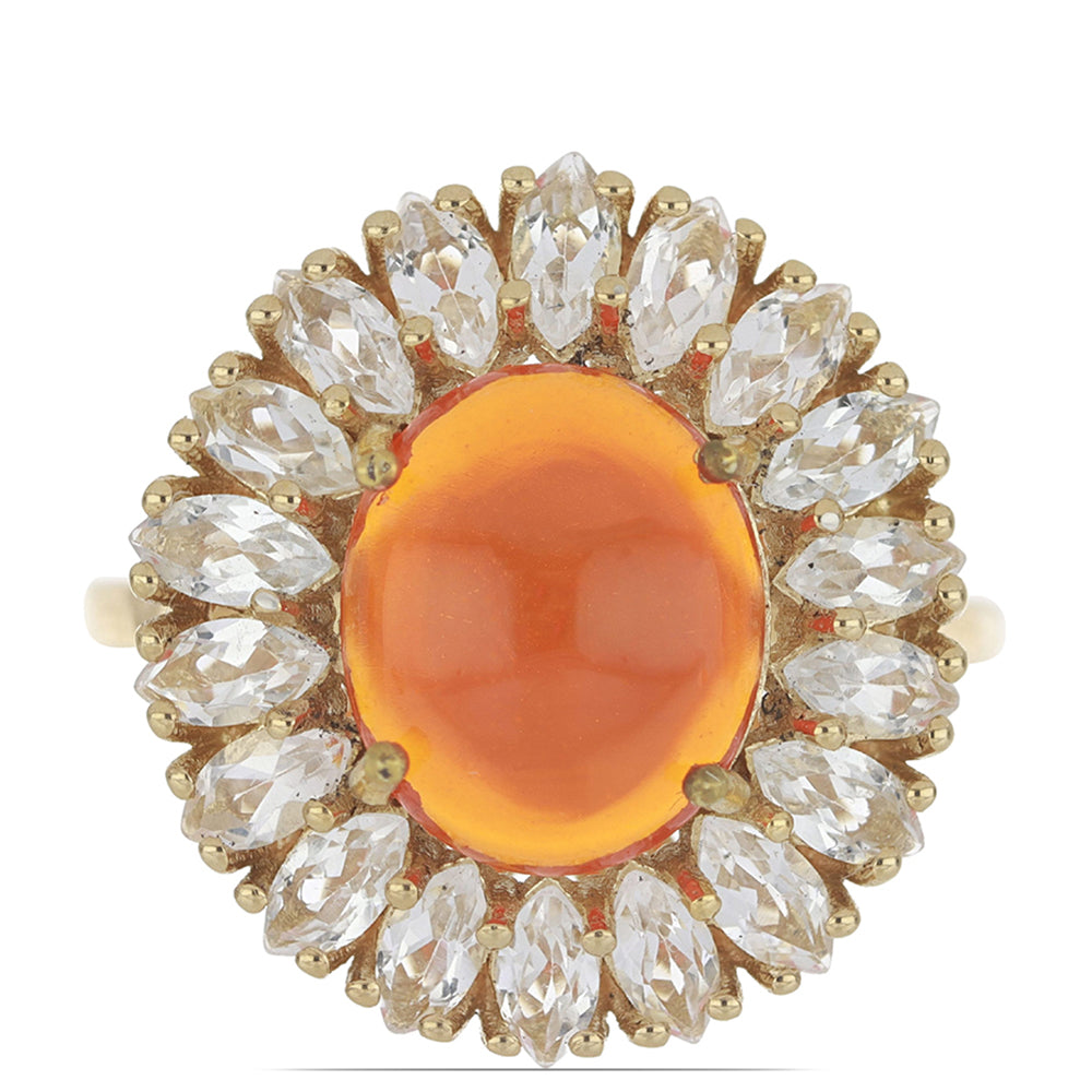 Anel de Prata com Banho de Ouro com Opala Laranja de Lega Dembi e Topázio Branco  Contraste: Cabeca de Veado (800) 1 