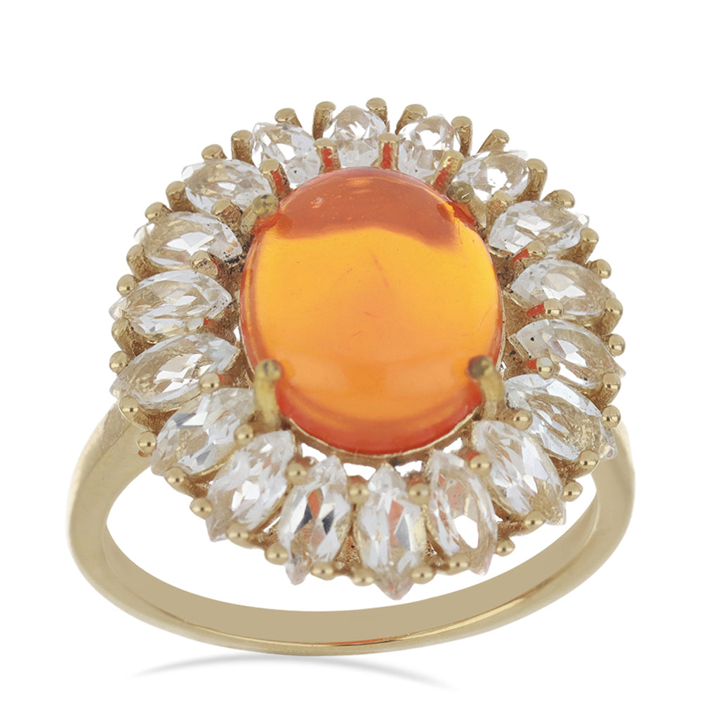 Anel de Prata com Banho de Ouro com Opala Laranja de Lega Dembi e Topázio Branco  Contraste: Cabeca de Veado (800) 2 
