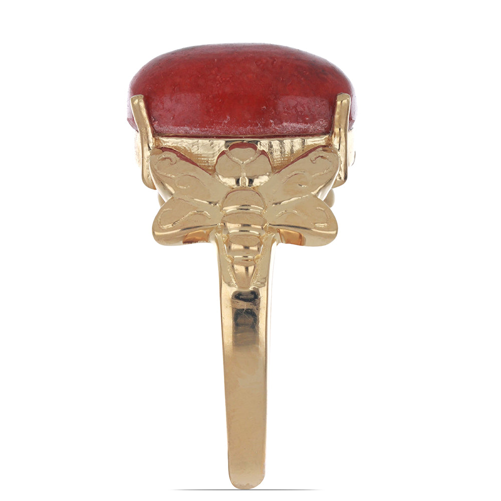 Anel de Prata com Banho de Ouro com Coral Esponja Vermelha  Contraste: Cabeca de Veado (800)