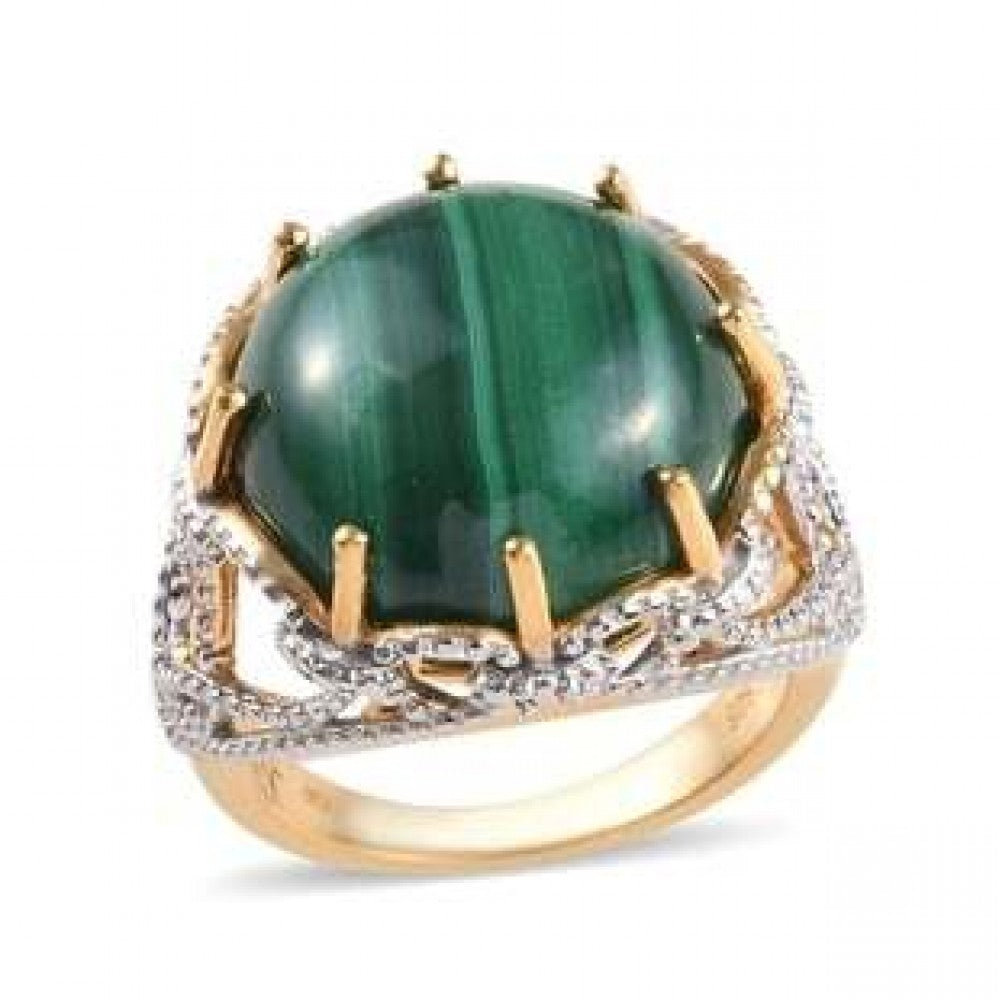 Anel de Prata com Banho de Ouro com Malaquita Galesa e Topázio Branco  Contraste: Cabeca de Veado (800) 1 