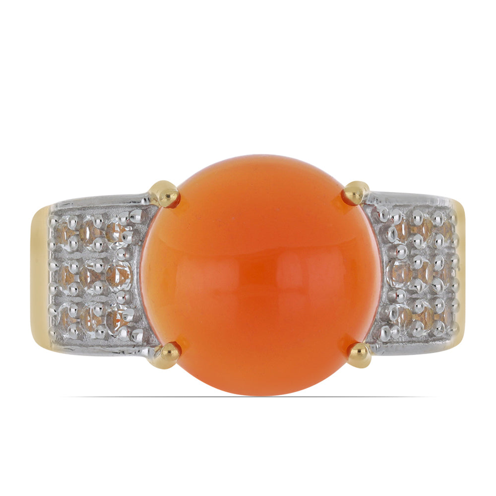 Anel de Prata com Banho de Ouro com Cornalina de Tagebau e Topázio Branco  Contraste: Cabeca de Veado (800)