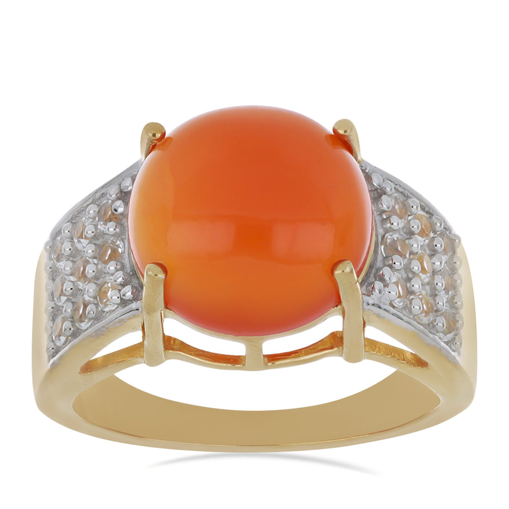 Anel de Prata com Banho de Ouro com Cornalina de Tagebau e Topázio Branco  Contraste: Cabeca de Veado (800)