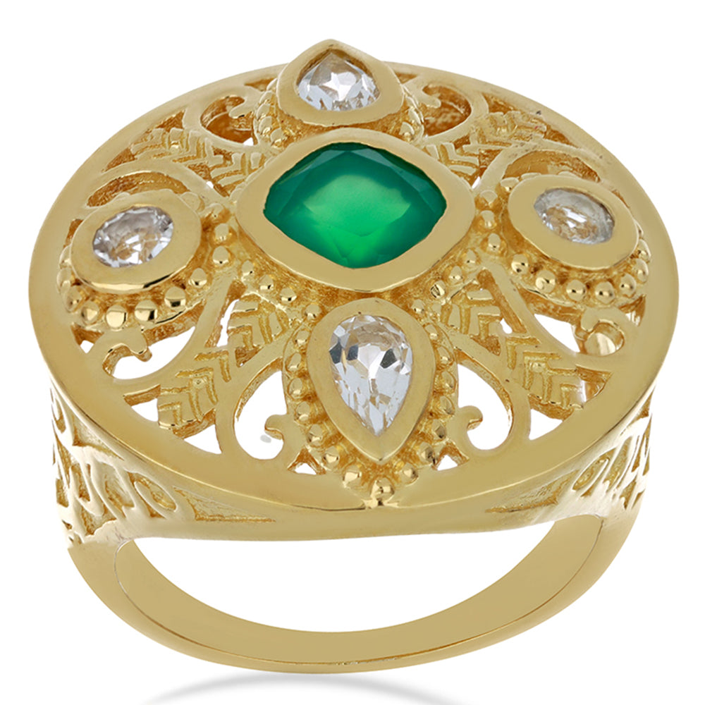 Anel de Prata com Banho de Ouro com Ágata Verde e Topázio Branco  Contraste: Cabeca de Veado (800) 3 