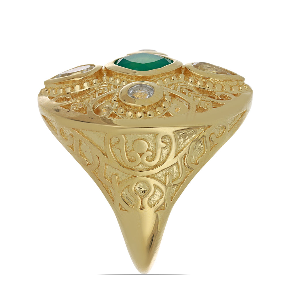 Anel de Prata com Banho de Ouro com Ágata Verde e Topázio Branco  Contraste: Cabeca de Veado (800) 4 