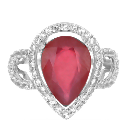 Anel de Prata com Rubi de Madagáscar e Topázio Branco  Contraste: Cabeca de Veado (800)