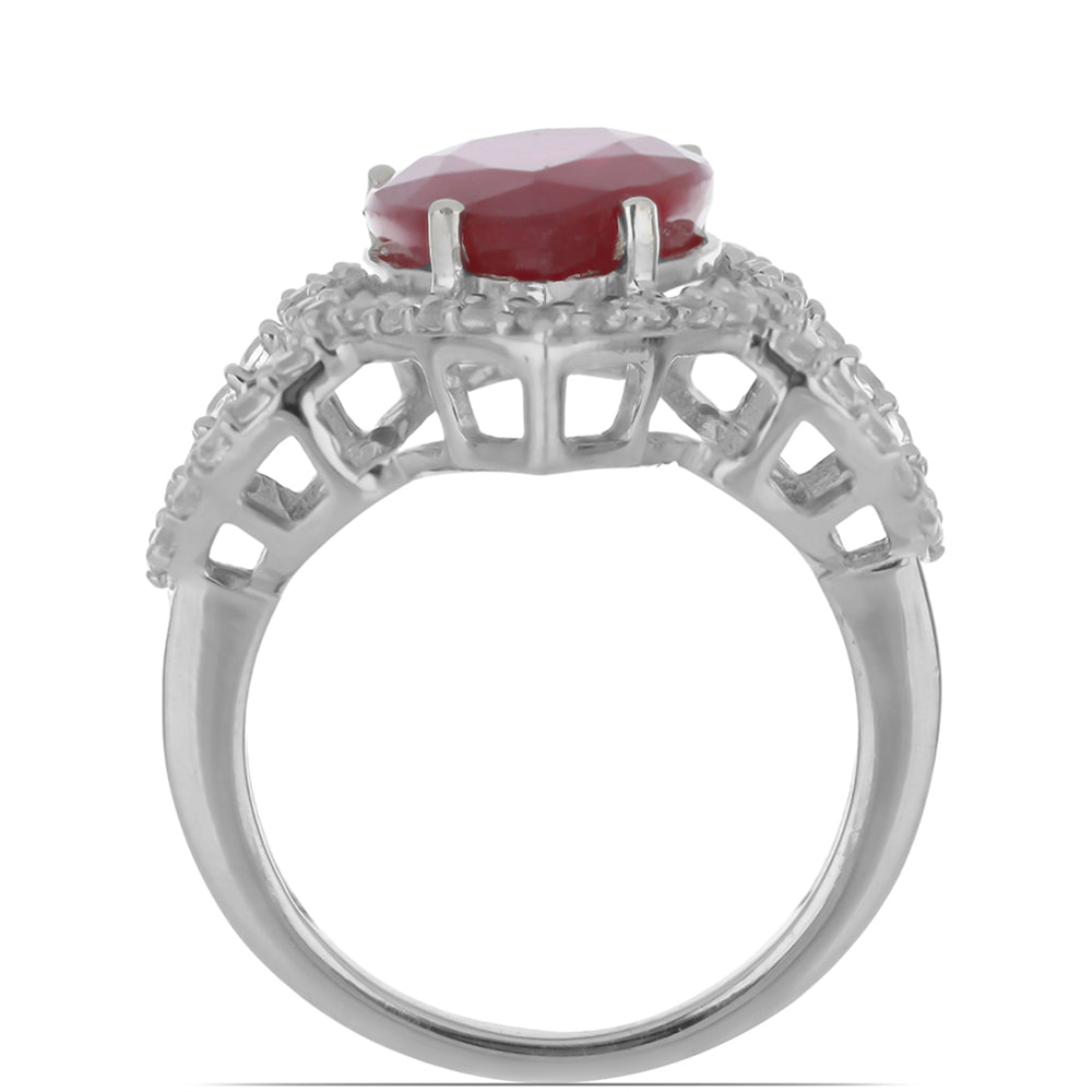 Anel de Prata com Rubi de Madagáscar e Topázio Branco  Contraste: Cabeca de Veado (800)