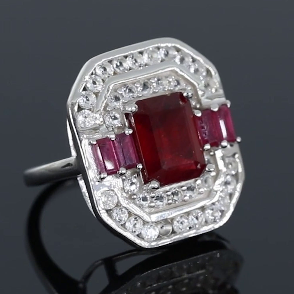 Anel de Prata com Rubi de Madagáscar e Topázio Branco  Contraste: Cabeca de Veado (800) 2 