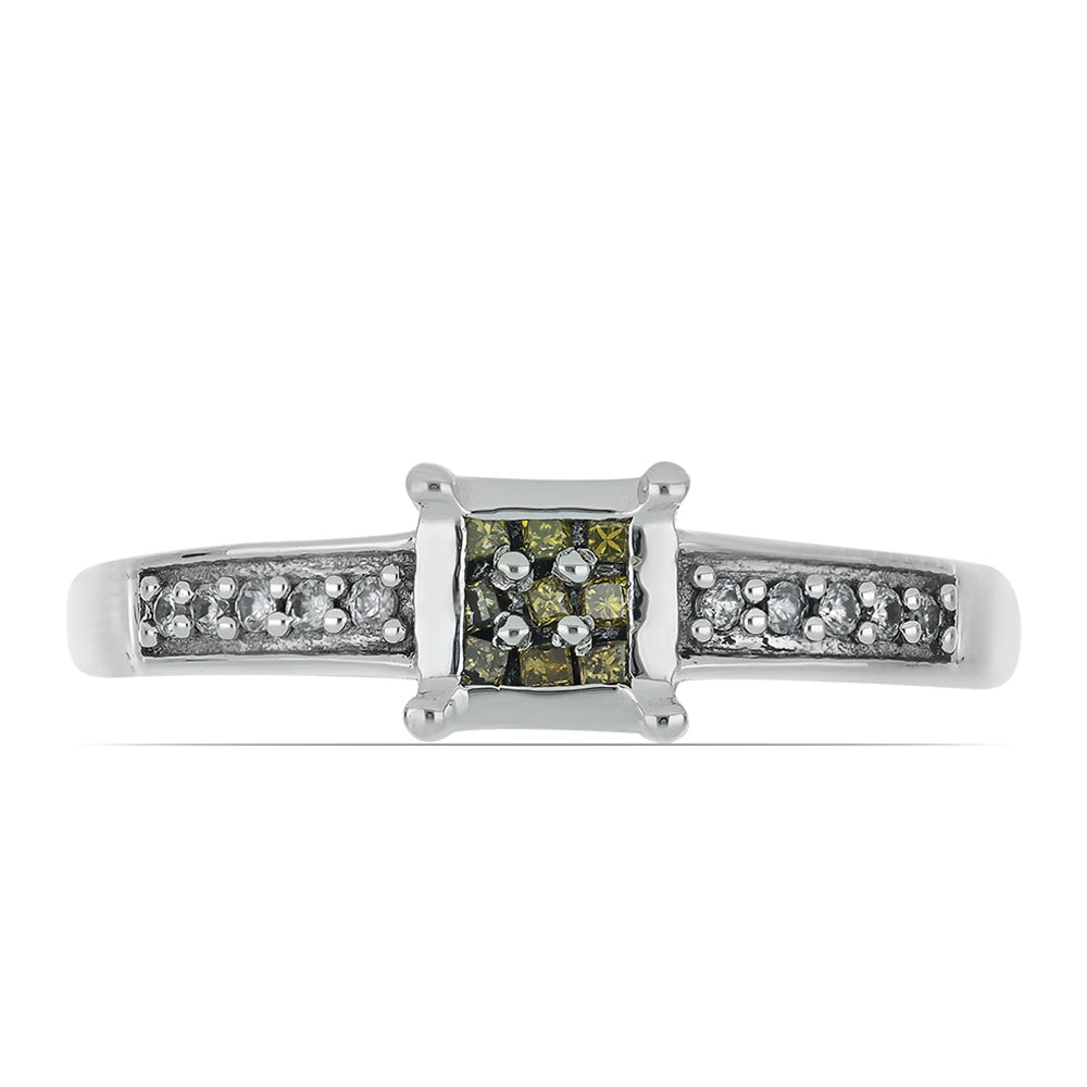 Anel de Prata com Diamante Amarelo e Zircão Branco