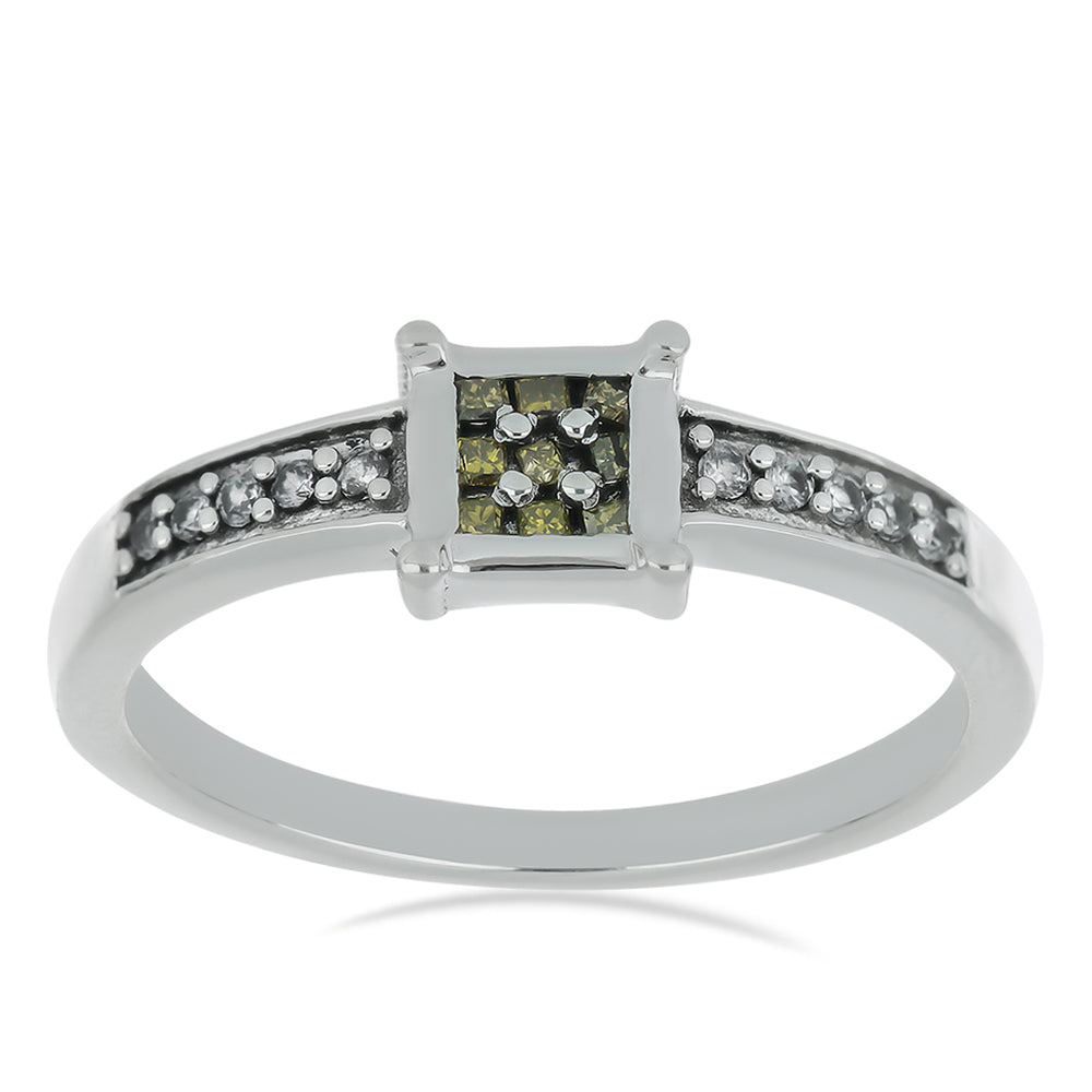 Anel de Prata com Diamante Amarelo e Zircão Branco