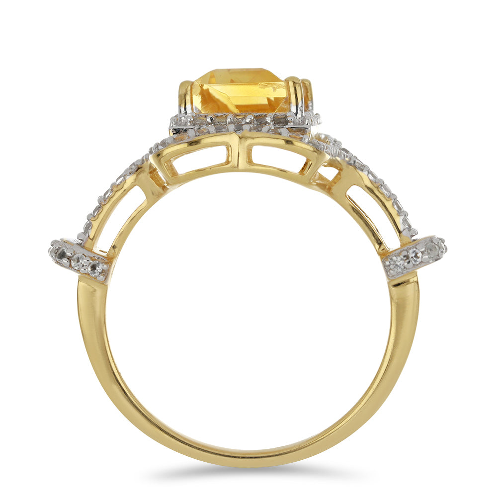 Anel de Prata com Banho de Ouro com Citrino de Ural e Topázio Branco  Contraste: Cabeca de Veado (800)