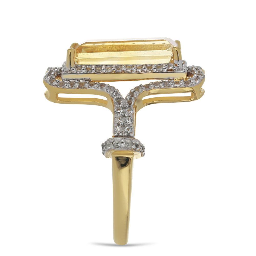 Anel de Prata com Banho de Ouro com Citrino de Ural e Topázio Branco  Contraste: Cabeca de Veado (800) 4 