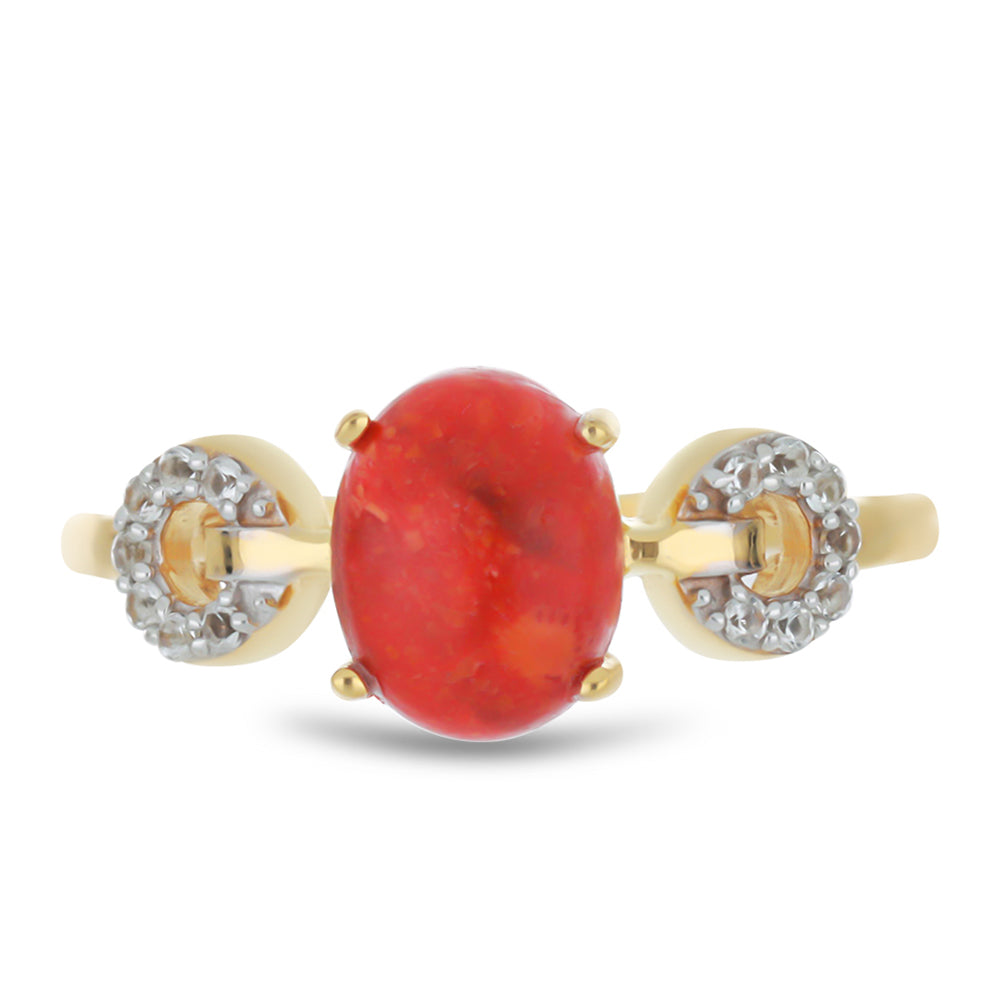 Anel de Prata com Banho de Ouro com Coral Esponja Vermelha e Topázio Branco