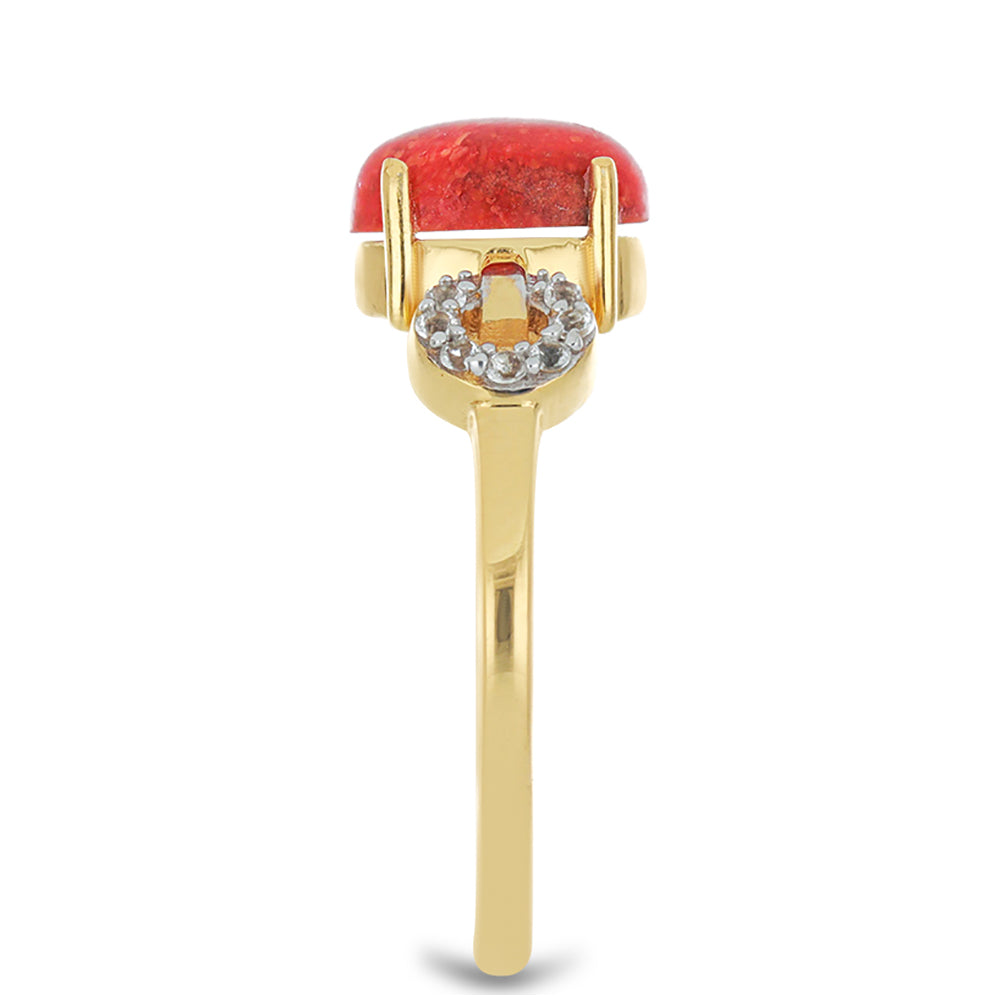 Anel de Prata com Banho de Ouro com Coral Esponja Vermelha e Topázio Branco 4 