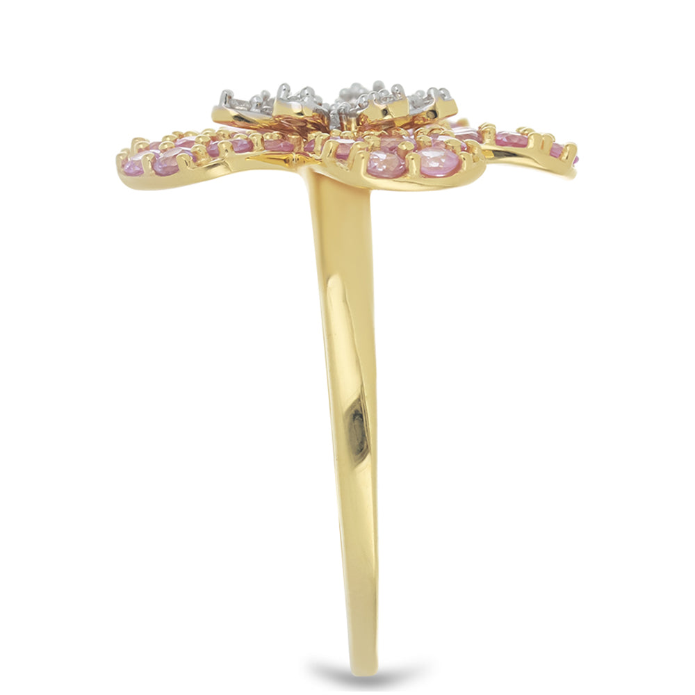 Anel de Ouro com Safira Rosa e Diamante Branco  Contraste: Cruz missionária