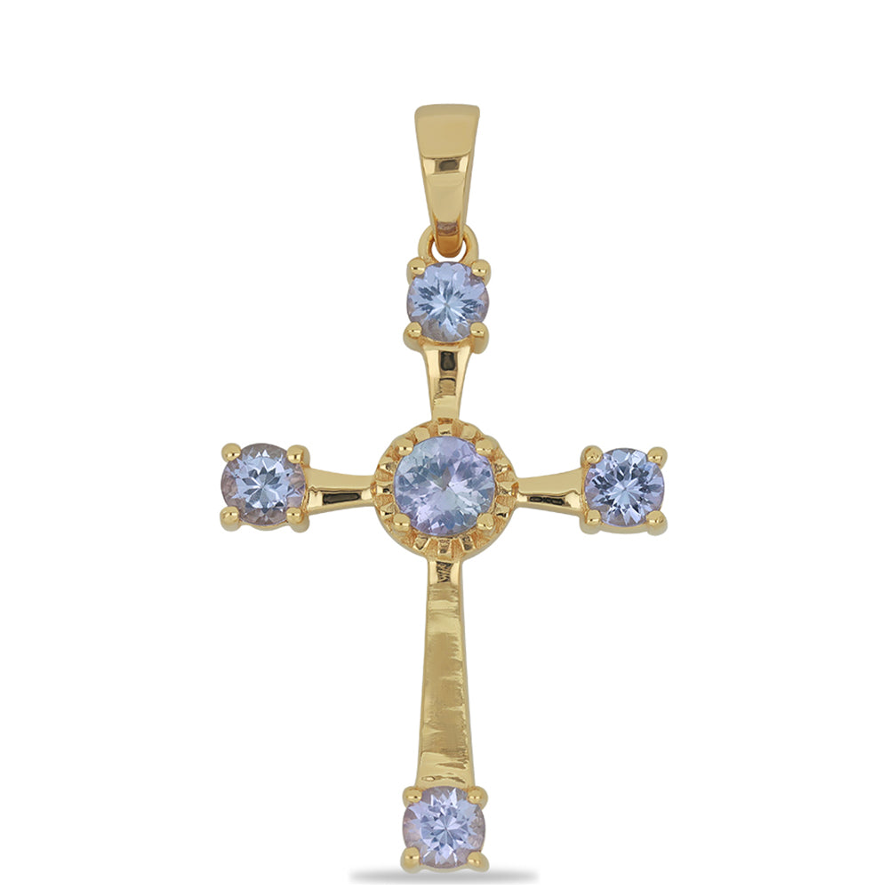 Cruz Pendente de Prata com Banho de Ouro com Tanzanite AA