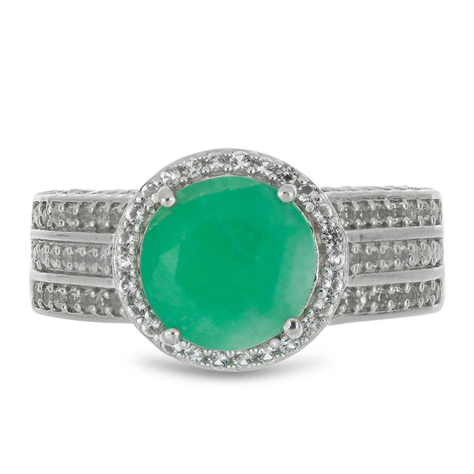 Anel de Prata com Esmeralda do Brasil e Topázio Branco  Contraste: Cabeca de Veado (800)