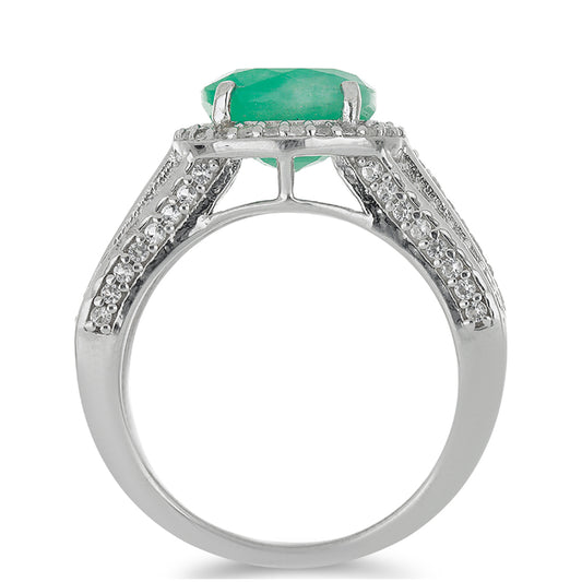 Anel de Prata com Esmeralda do Brasil e Topázio Branco  Contraste: Cabeca de Veado (800)