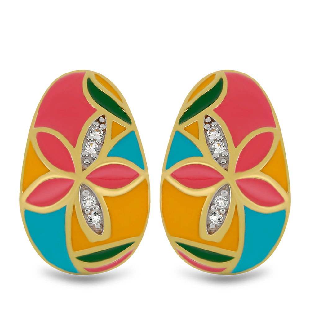 Brincos de Prata com Banho de Ouro com Esmalte e Topázio Branco  Contraste: Cabeca de Veado (800) 1 