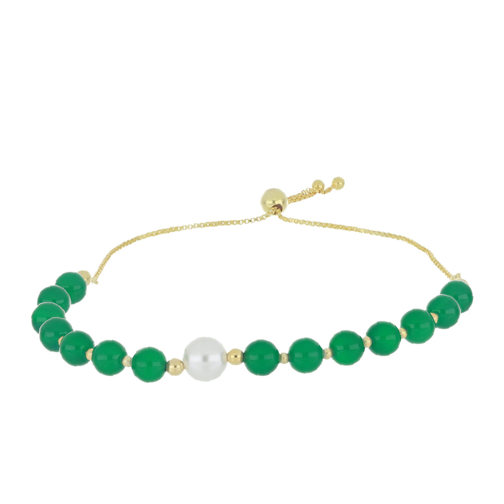 Pulseira de Prata com Banho de Ouro com Ágata Verde e Pérola Branca de Água Doce