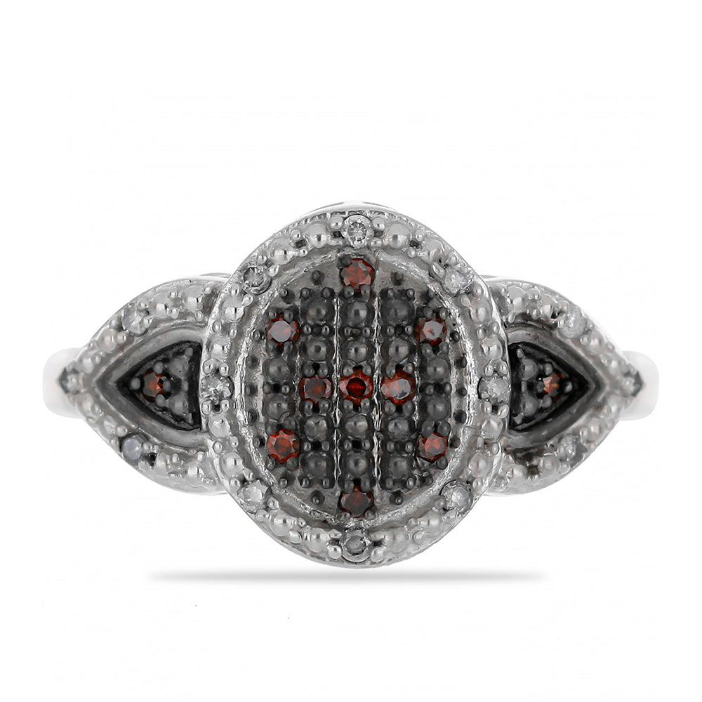 Anel de Prata com Diamante Vermelho e Diamante Branco  Contraste: Cabeca de Veado (800)