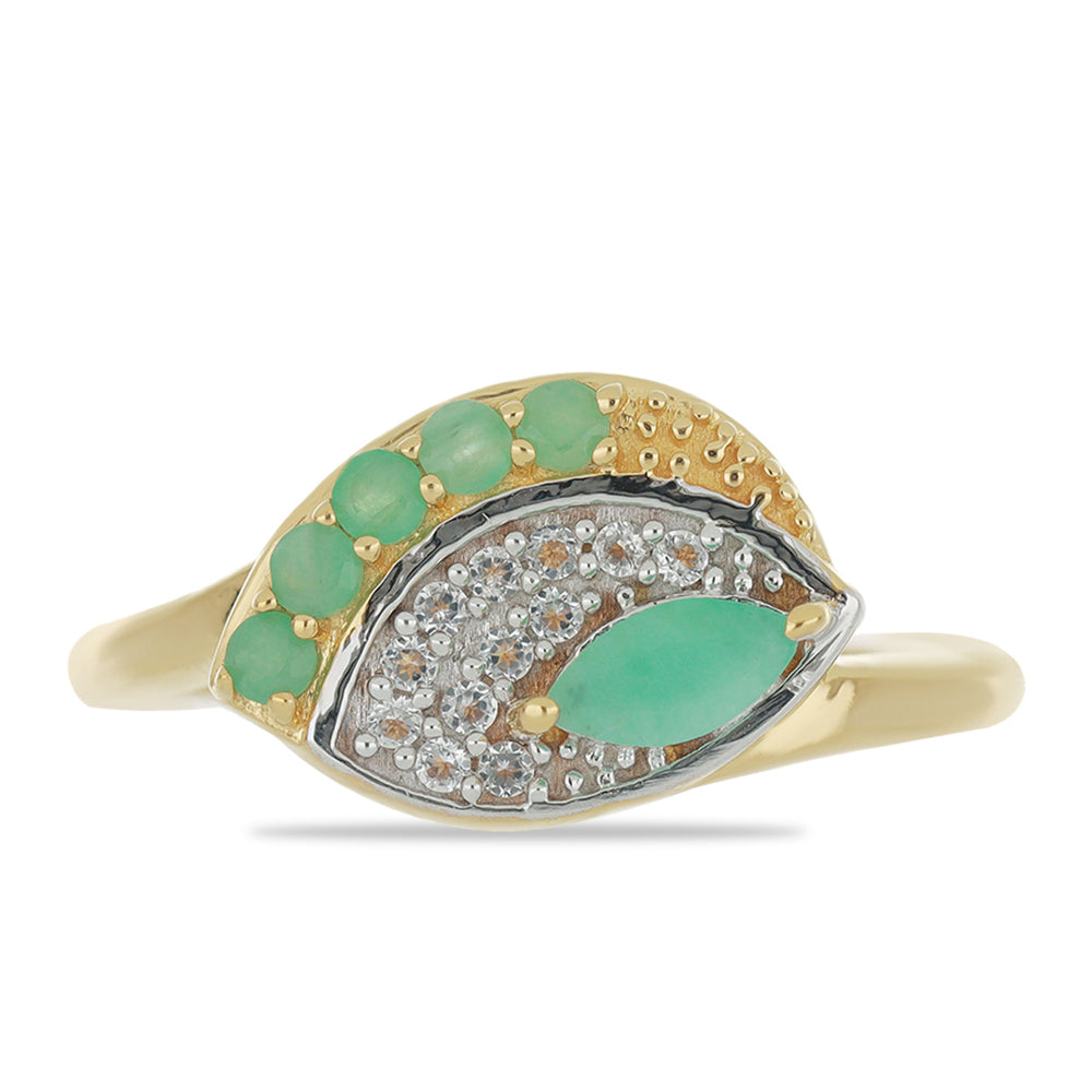Anel de Prata com Banho de Ouro com Esmeralda do Brasil e Topázio Branco 1 