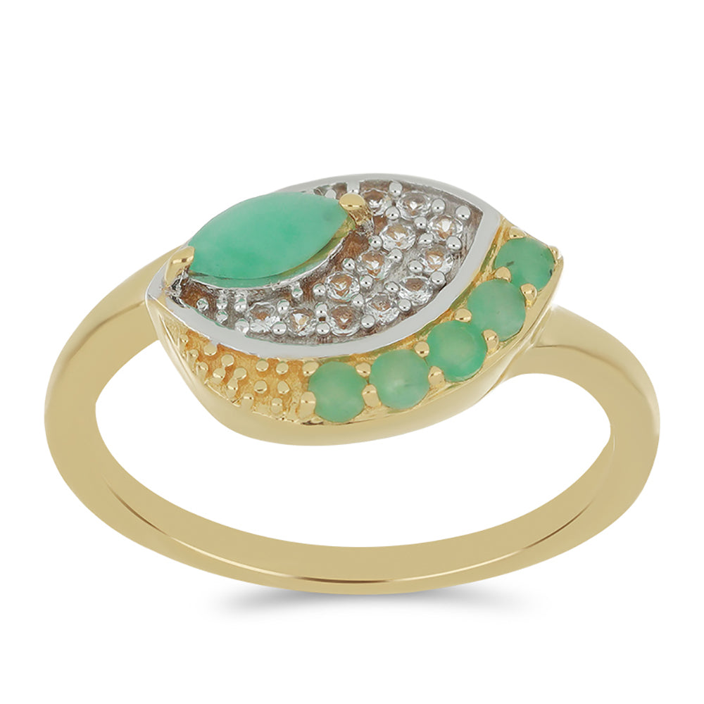 Anel de Prata com Banho de Ouro com Esmeralda do Brasil e Topázio Branco
