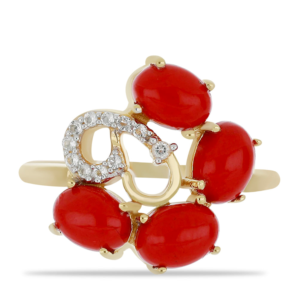 Anel de Prata com Banho de Ouro com Coral Esponja Vermelha e Topázio Branco  Contraste: Cabeca de Veado (800)