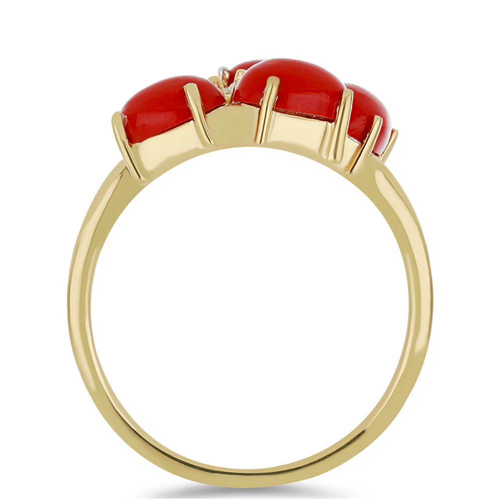 Anel de Prata com Banho de Ouro com Coral Esponja Vermelha e Topázio Branco  Contraste: Cabeca de Veado (800)
