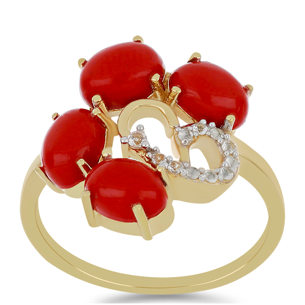 Anel de Prata com Banho de Ouro com Coral Esponja Vermelha e Topázio Branco  Contraste: Cabeca de Veado (800) 3 