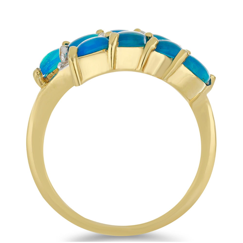 Anel de Prata com Banho de Ouro com Opala Azul Paraib da Etiópia e Topázio Branco  Contraste: Cabeca de Veado (800)