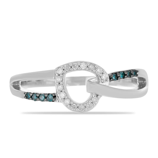 Anel de Prata com Diamante Azul e Diamante Branco