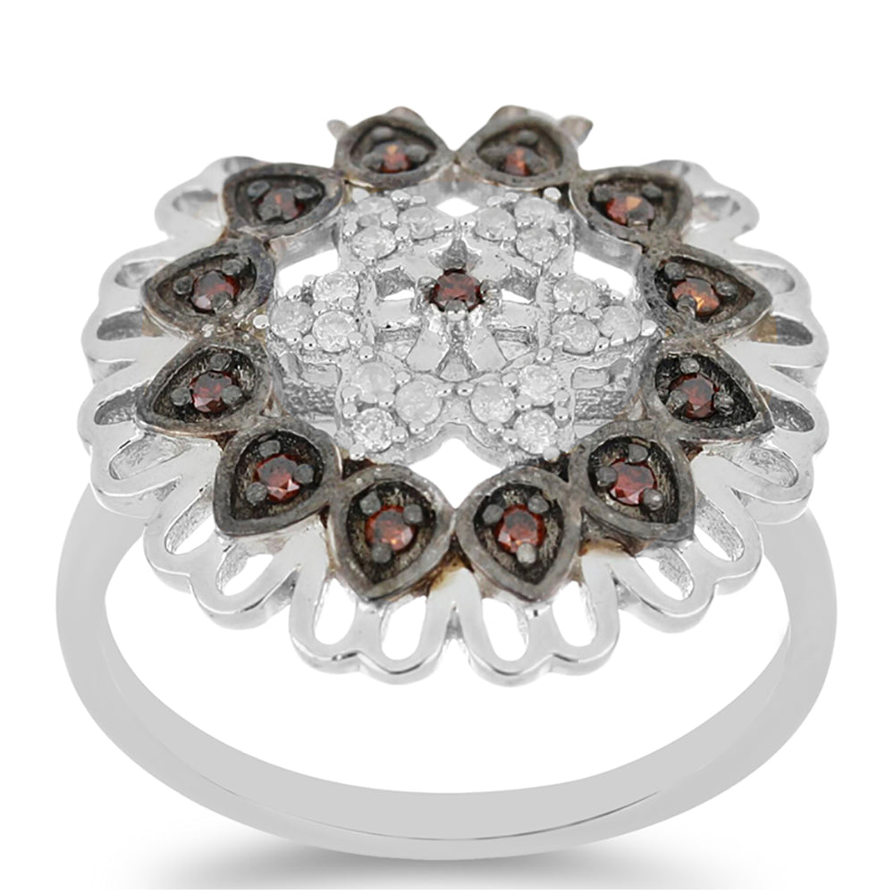 Anel de Prata com Diamante Vermelho e Diamante Branco  Contraste: Cabeca de Veado (800)
