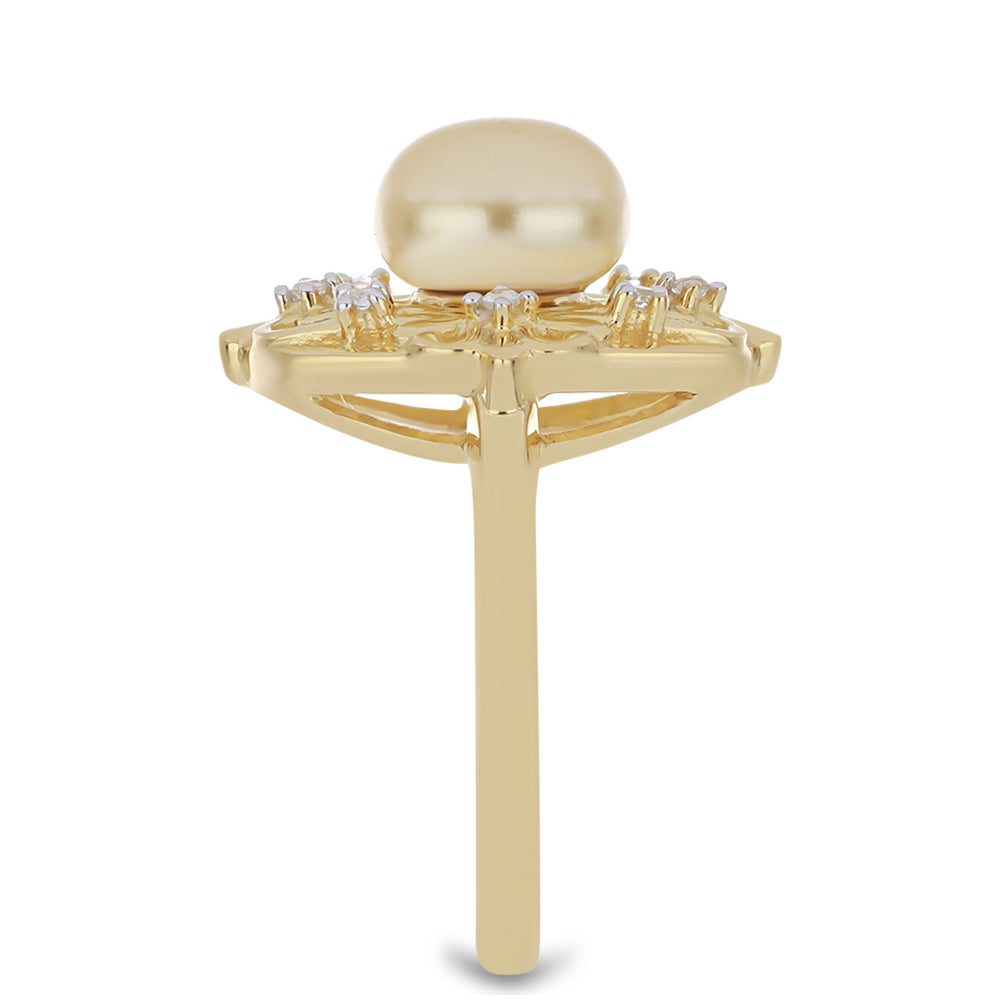 Anel de Prata com Banho de Ouro com Pérola Dourada do Mar do Sul e Topázio Branco  Contraste: Cabeca de Veado (800)