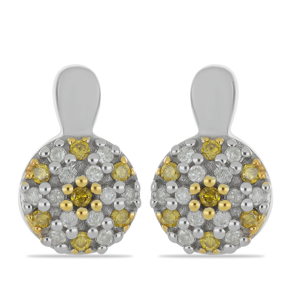 Brincos de Prata com Banho de Ouro com Diamante Amarelo e Diamante Branco