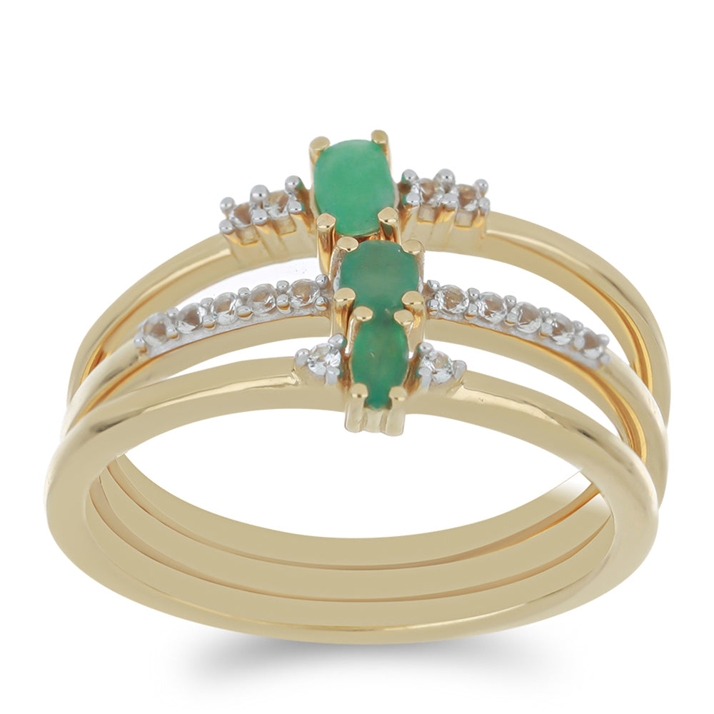 Conjunto de Prata com Banho de Ouro com Esmeralda do Brasil e Topázio Branco ( Anel )  Contraste: Cabeca de Veado (800)