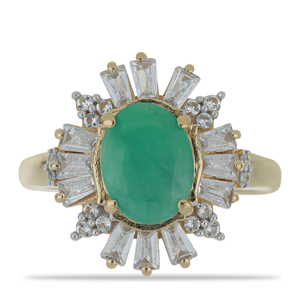 Anel de Prata com Banho de Ouro com Esmeralda do Brasil e Zircão Branco  Contraste: Cabeca de Veado (800) 1 