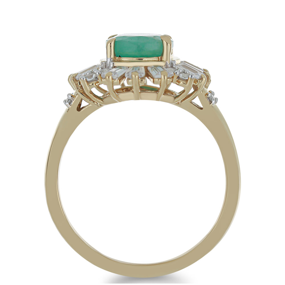 Anel de Prata com Banho de Ouro com Esmeralda do Brasil e Zircão Branco  Contraste: Cabeca de Veado (800)